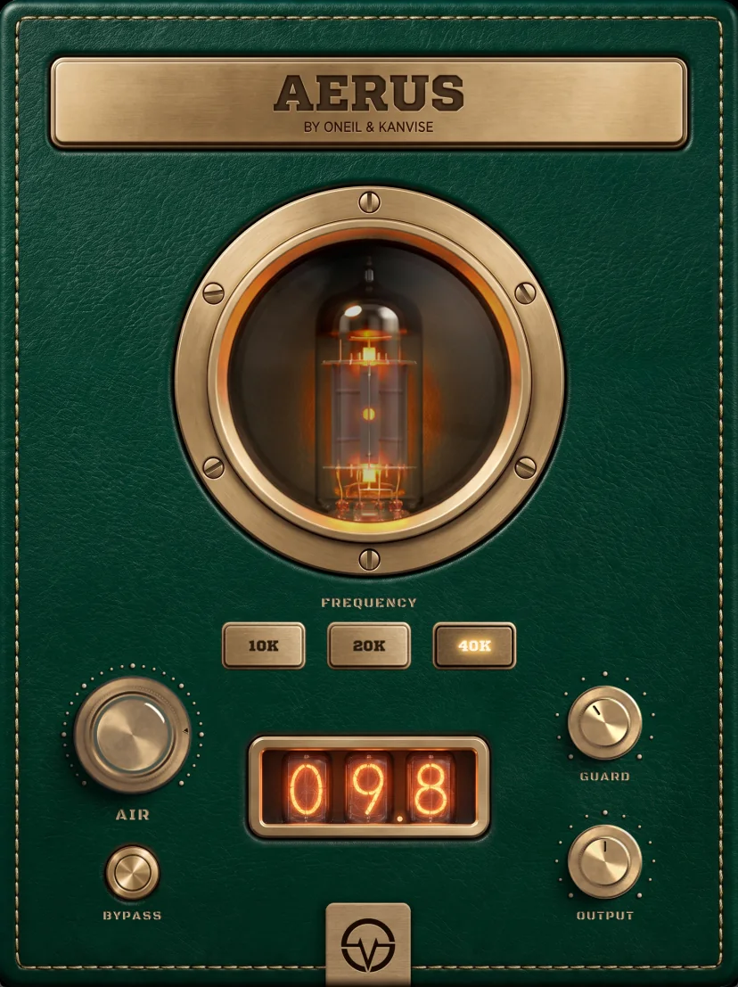 AERUS prototype interface: brass AIR knob, glass lamp window and nixie display