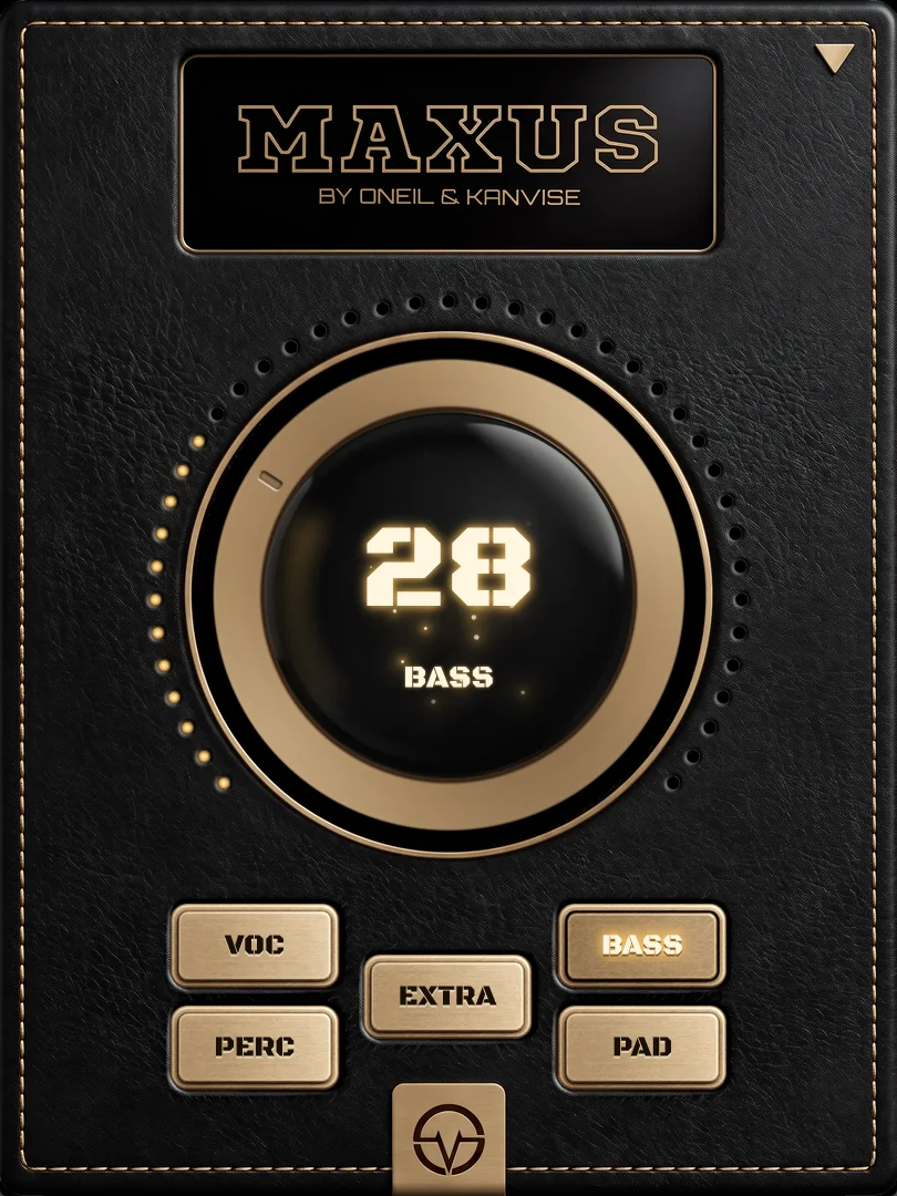 MAXUS plugin with a gold dial showing 28 in BASS mode